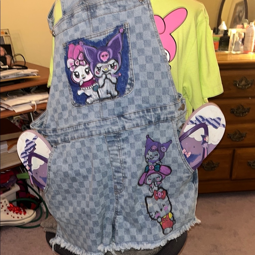 Denim Overall Shorts with Hello Kitty & Friends! Kuromi Flops & Cropped T